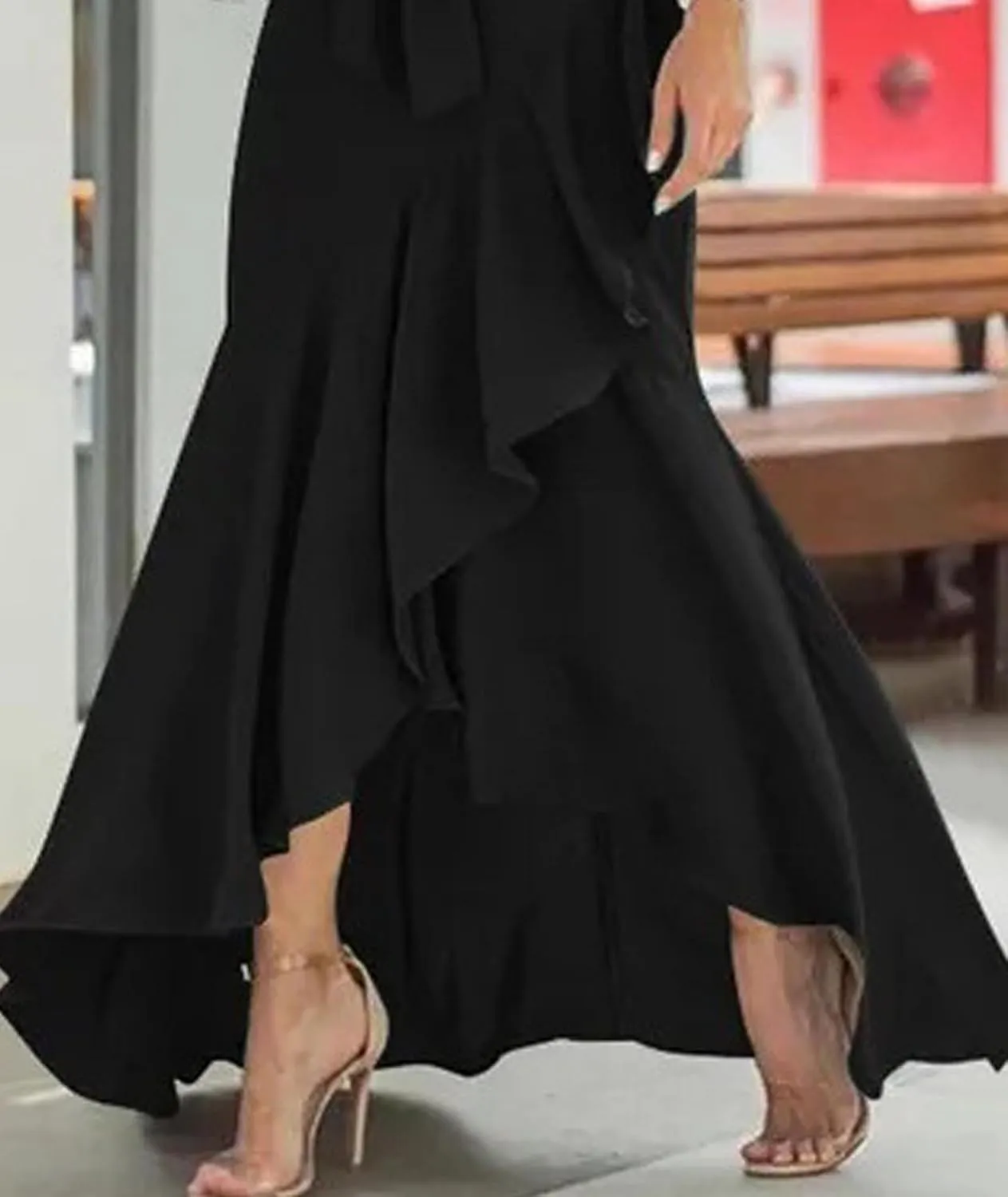 SEMATOMALA Women's Casual Plaid Mermaid Maxi Skirt A Line Irregular Ruffle Hem Fishtail Long Skirt Spring Summer