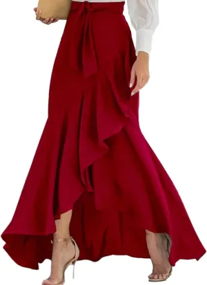 SEMATOMALA Women's Casual Plaid Mermaid Maxi Skirt A Line Irregular Ruffle Hem Fishtail Long Skirt Spring Summer
