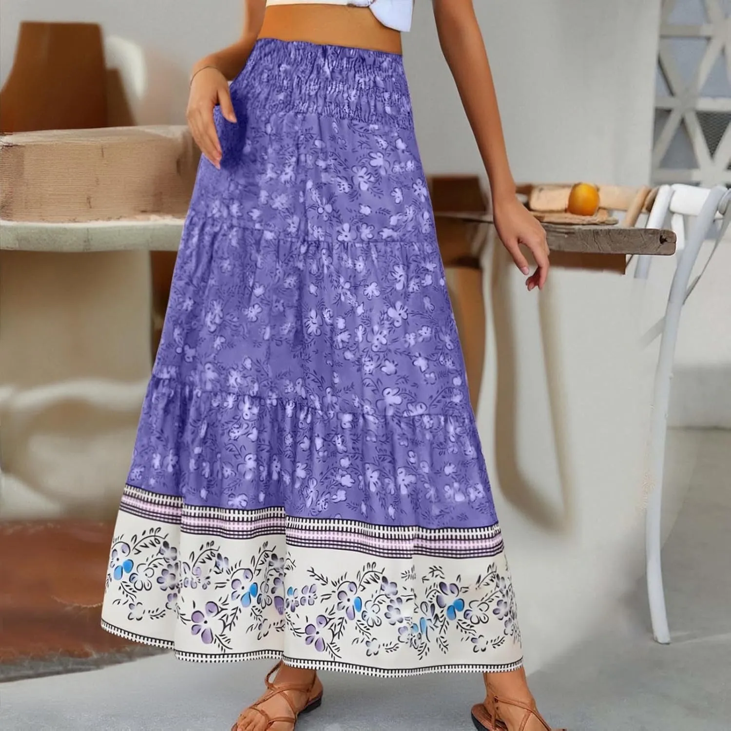 Summer Bohemian Skirts for Women 2025 Smocked High Waisted Ruffled Flowy Skirt Summer Casual Aline Long Dress Skorts