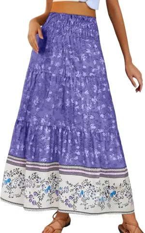 Summer Bohemian Skirts for Women 2025 Smocked High Waisted Ruffled Flowy Skirt Summer Casual Aline Long Dress Skorts