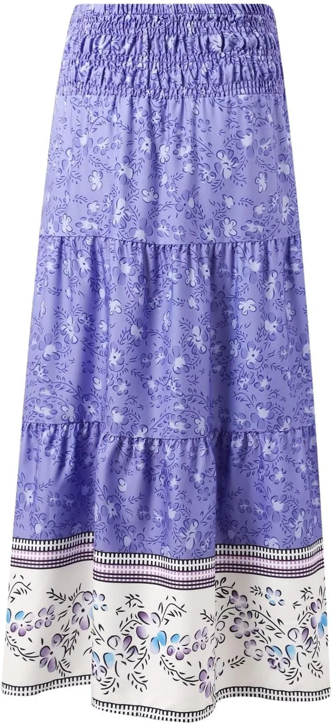 Summer Bohemian Skirts for Women 2025 Smocked High Waisted Ruffled Flowy Skirt Summer Casual Aline Long Dress Skorts