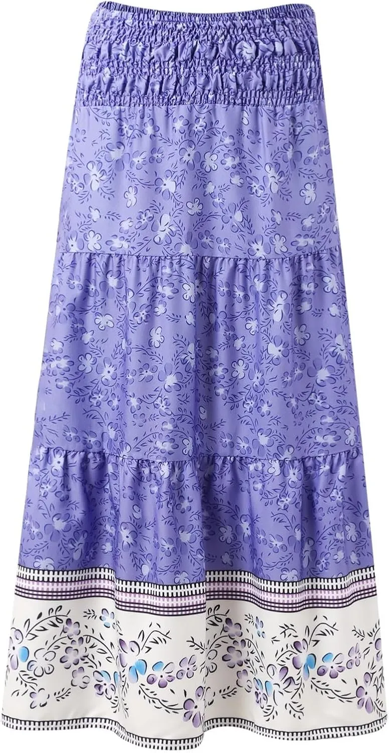 Summer Bohemian Skirts for Women 2025 Smocked High Waisted Ruffled Flowy Skirt Summer Casual Aline Long Dress Skorts
