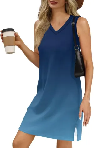 Summer Dresses for Women 2025 Beach Casual Sundresses Loose T Shirt Dresses Sleeveless Floral Tank Dress with Split