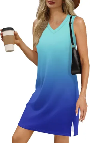 Summer Dresses for Women 2025 Beach Casual Sundresses Loose T Shirt Dresses Sleeveless Floral Tank Dress with Split