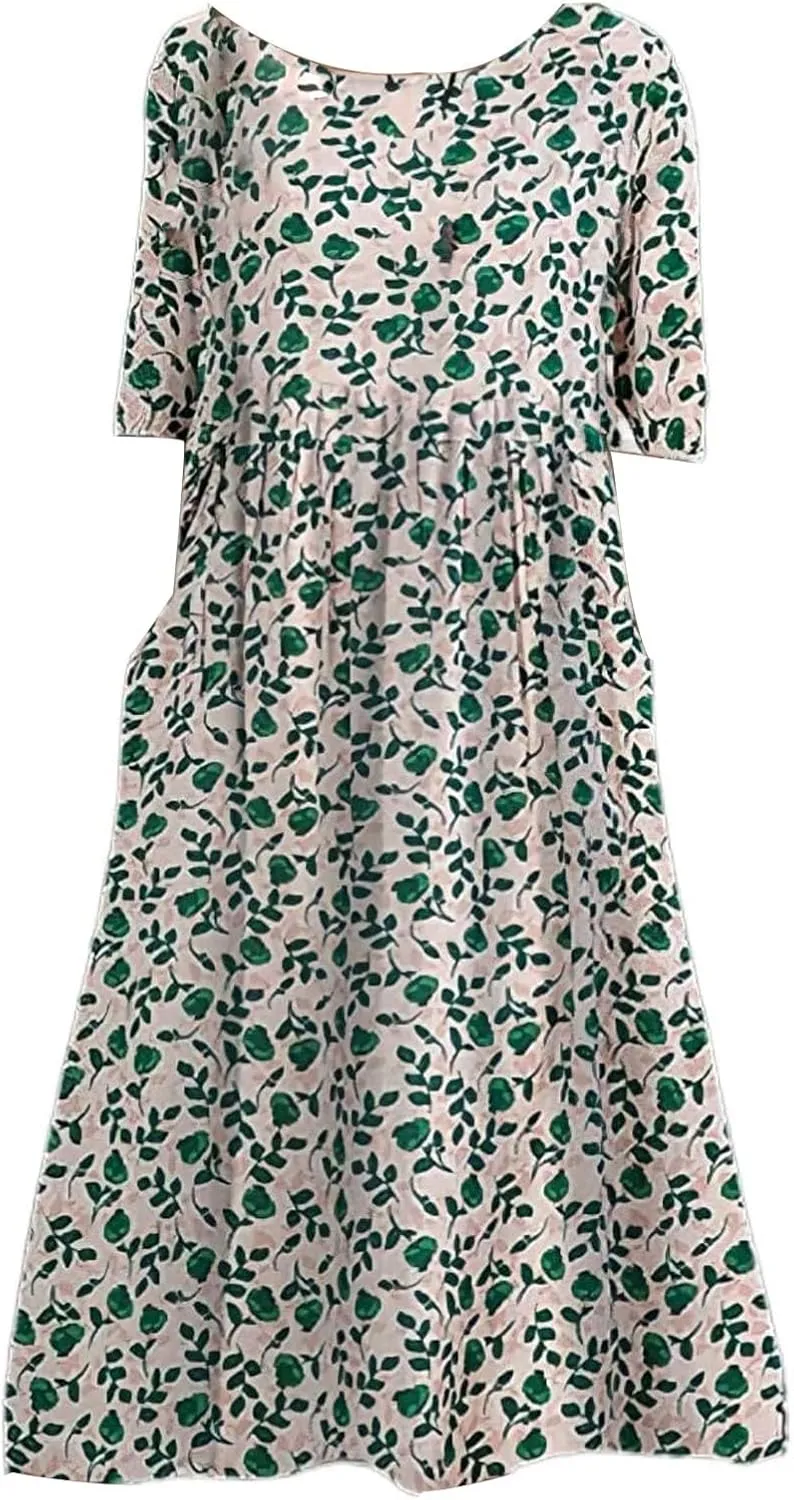 Summer Dresses for Women 2025 Crew Neck Short Sleeve Flowy Dress Loose Beach Casual Sundresses with Pockets