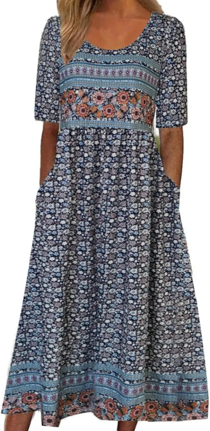 Summer Dresses for Women 2025 Crew Neck Short Sleeve Flowy Dress Loose Beach Casual Sundresses with Pockets
