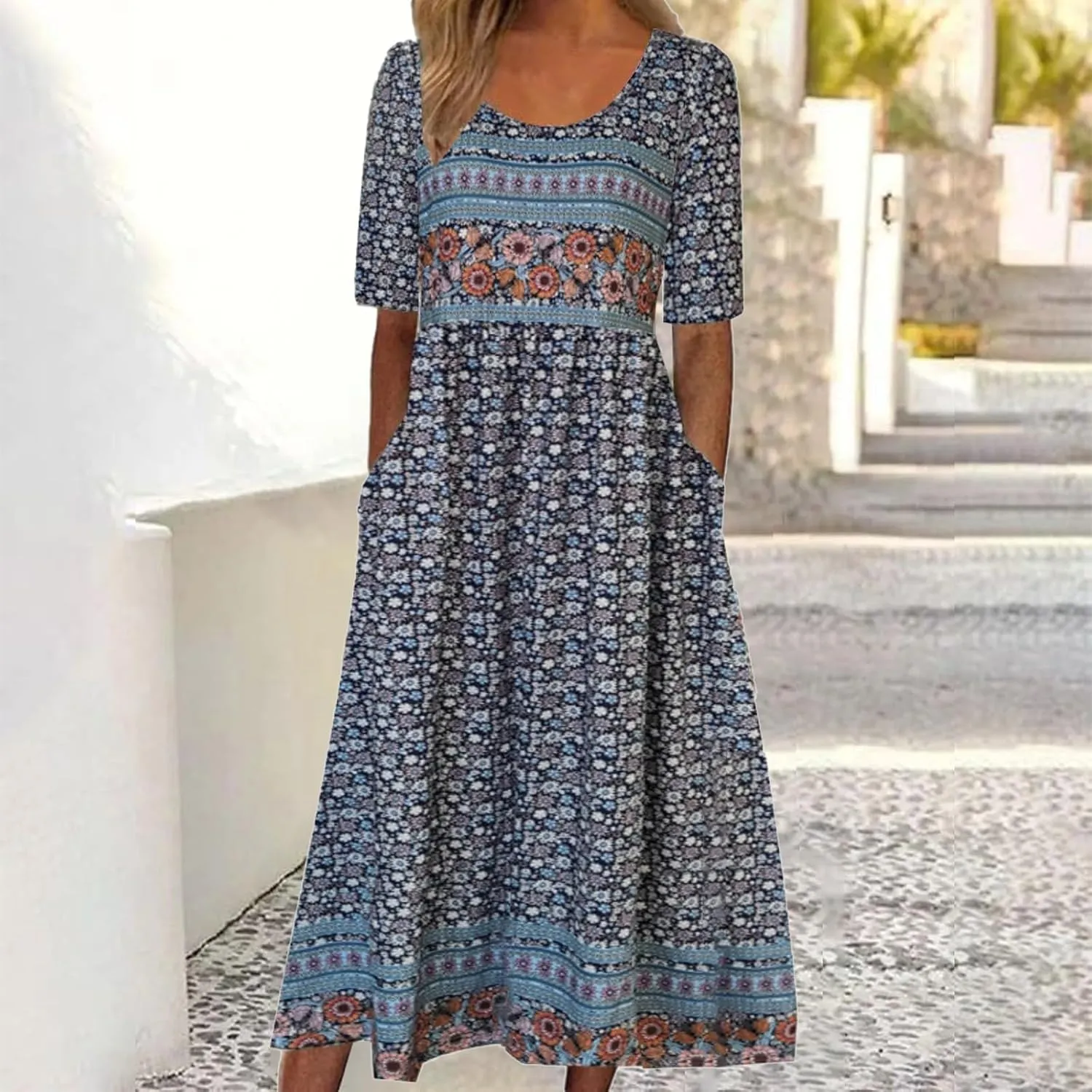 Summer Dresses for Women 2025 Crew Neck Short Sleeve Flowy Dress Loose Beach Casual Sundresses with Pockets