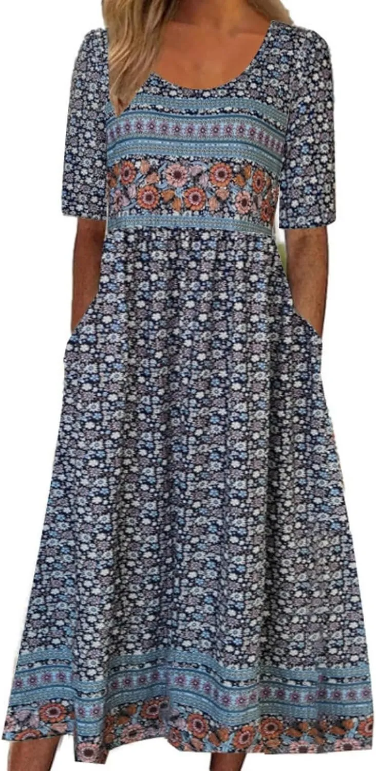 Summer Dresses for Women 2025 Crew Neck Short Sleeve Flowy Dress Loose Beach Casual Sundresses with Pockets