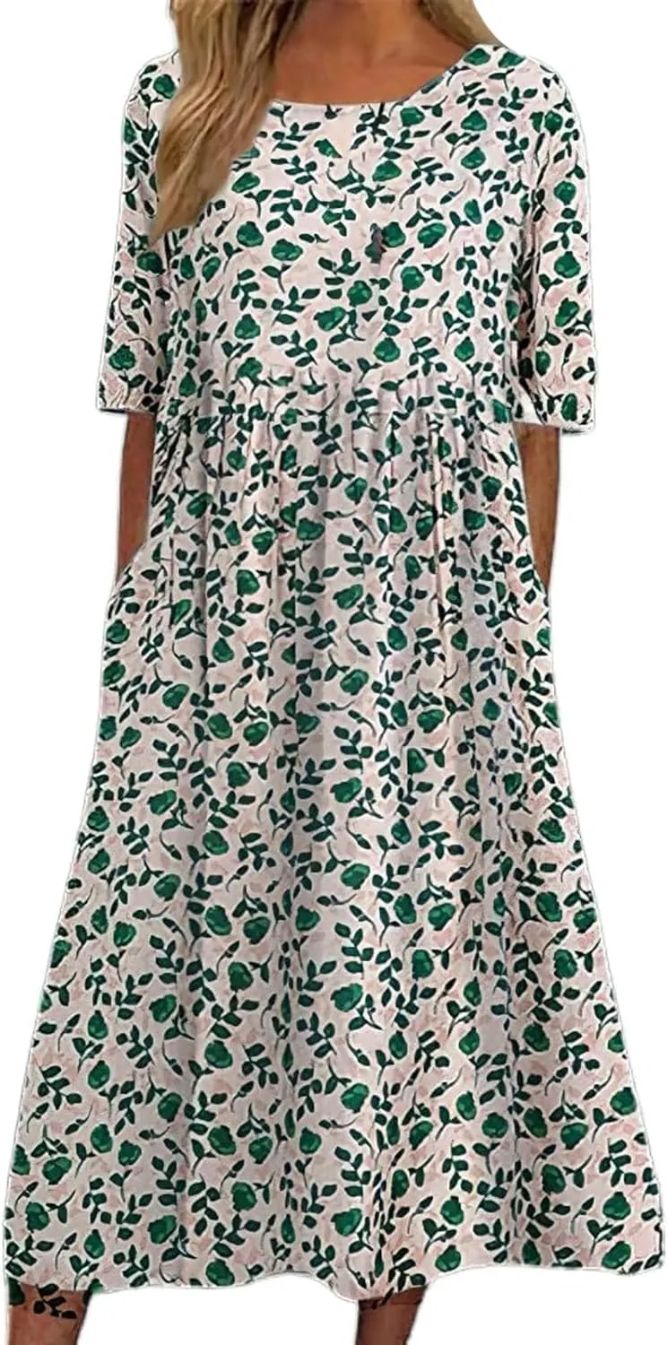 Summer Dresses for Women 2025 Crew Neck Short Sleeve Flowy Dress Loose Beach Casual Sundresses with Pockets