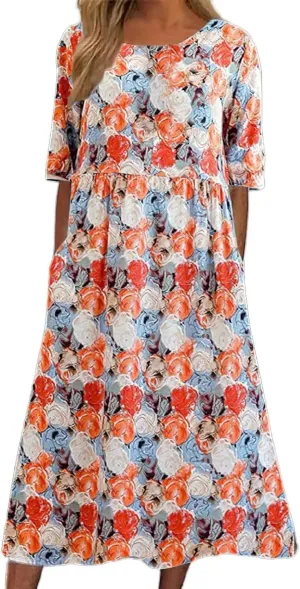 Summer Dresses for Women 2025 Crew Neck Short Sleeve Flowy Dress Loose Beach Casual Sundresses with Pockets