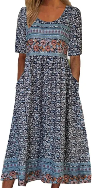 Summer Dresses for Women 2025 Crew Neck Short Sleeve Flowy Dress Loose Beach Casual Sundresses with Pockets