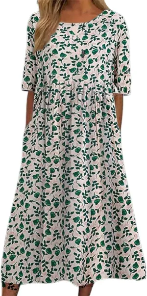 Summer Dresses for Women 2025 Crew Neck Short Sleeve Flowy Dress Loose Beach Casual Sundresses with Pockets
