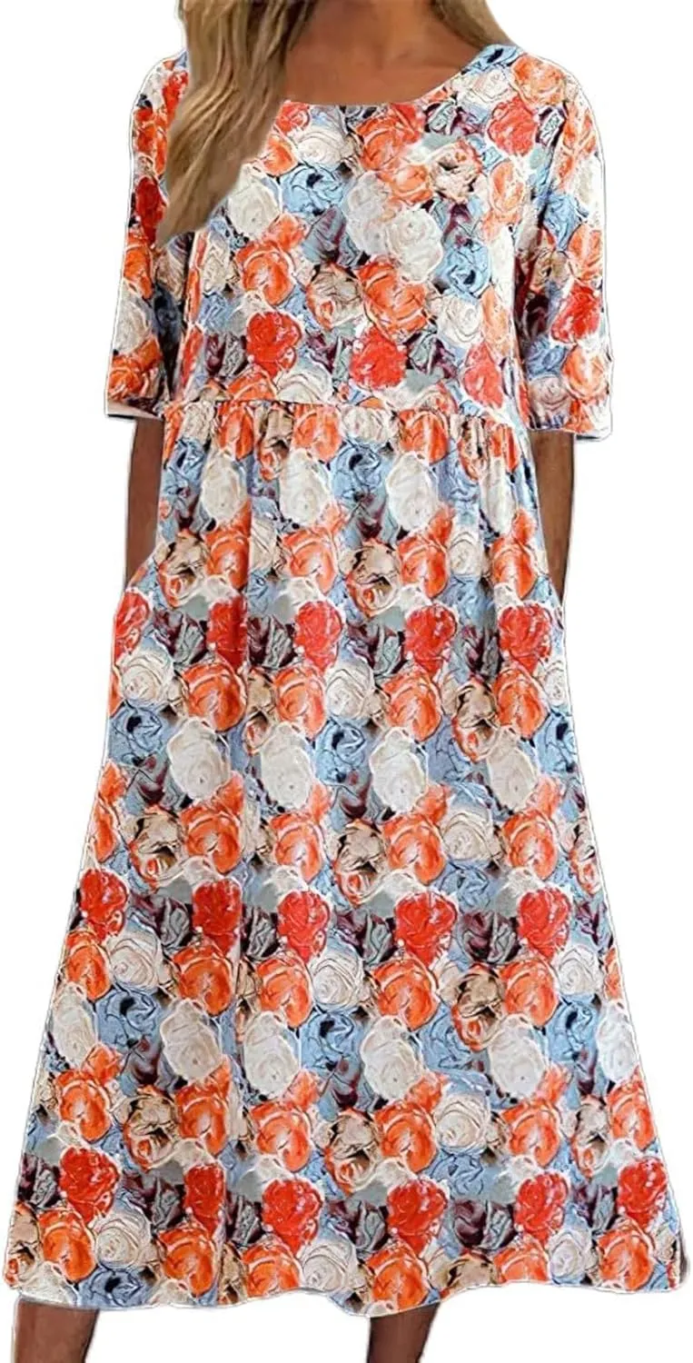 Summer Dresses for Women 2025 Crew Neck Short Sleeve Flowy Dress Loose Beach Casual Sundresses with Pockets