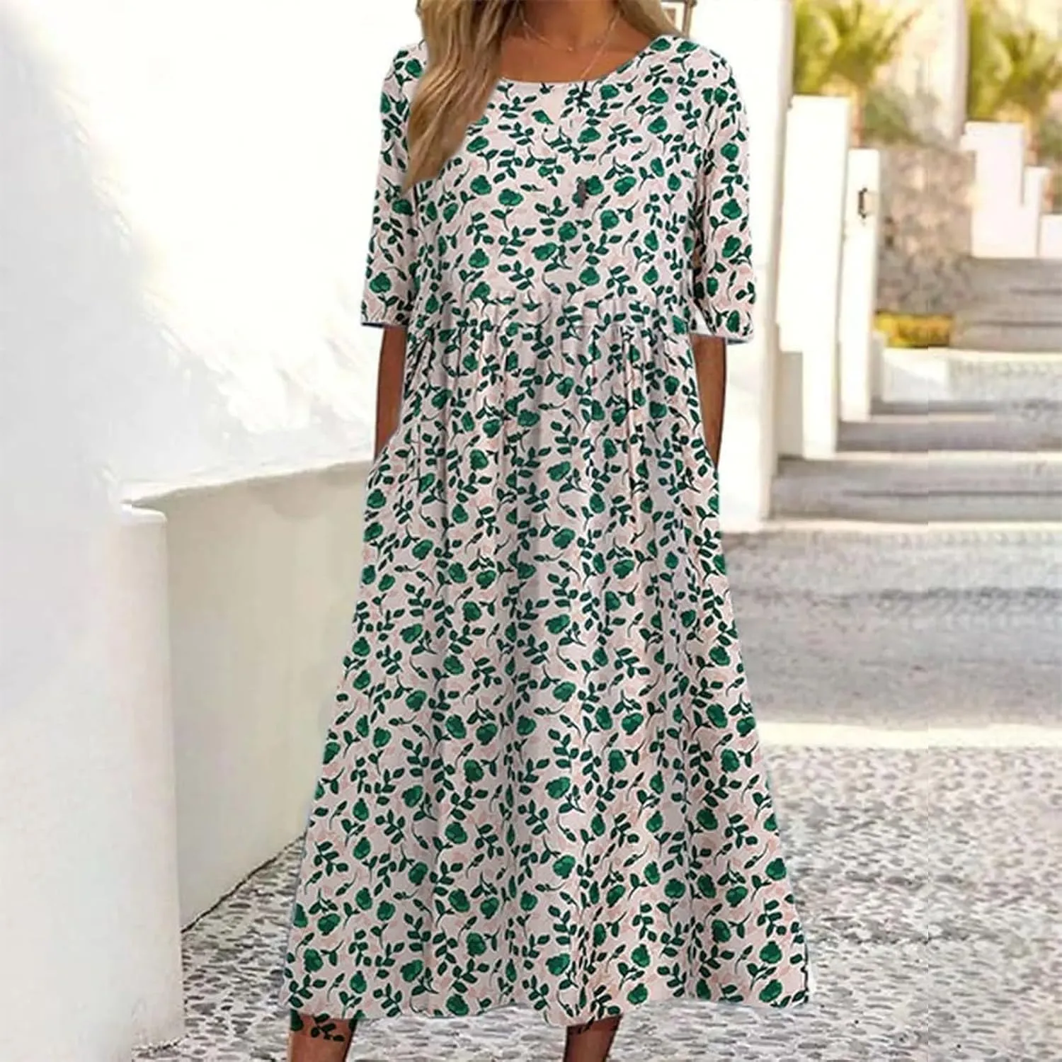 Summer Dresses for Women 2025 Crew Neck Short Sleeve Flowy Dress Loose Beach Casual Sundresses with Pockets