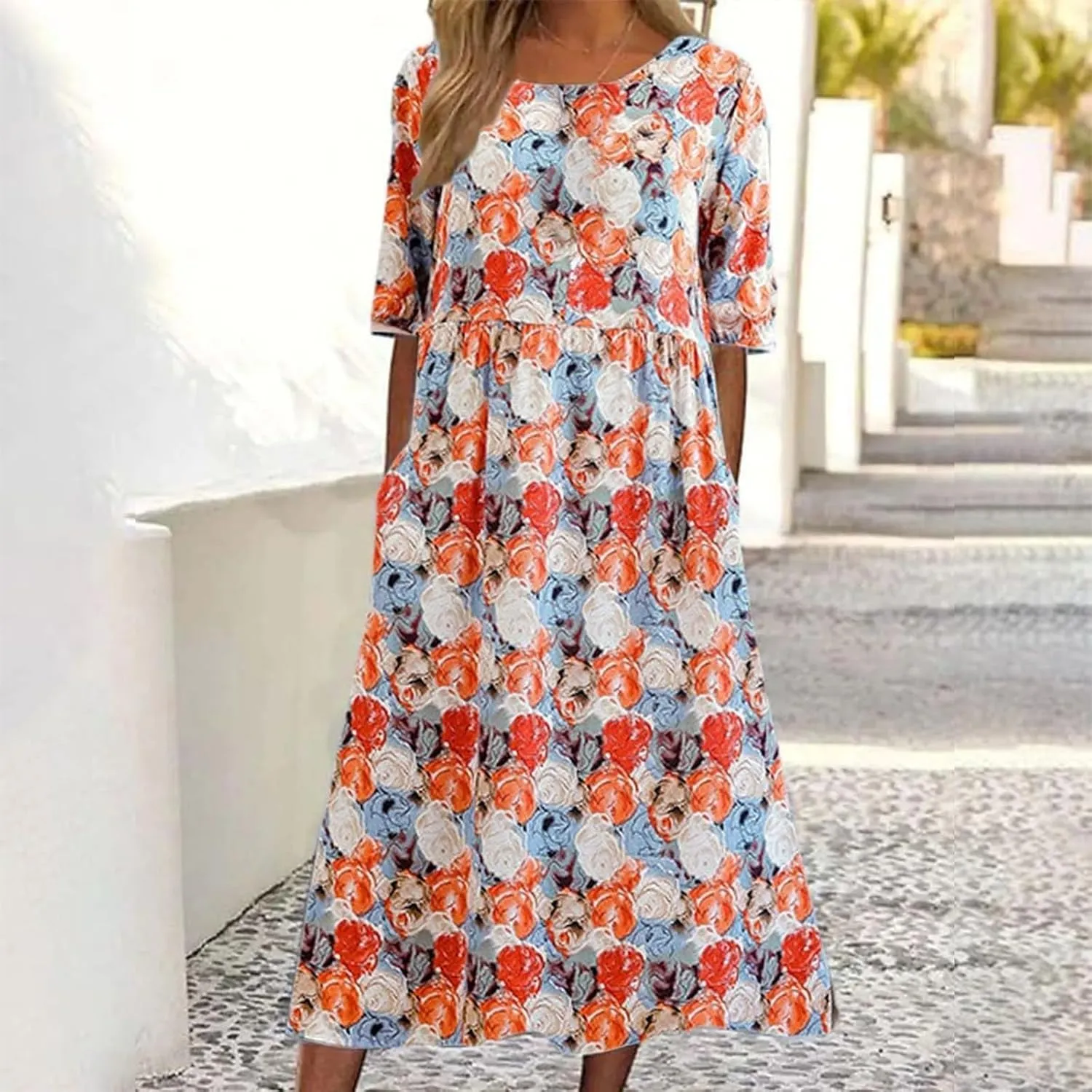 Summer Dresses for Women 2025 Crew Neck Short Sleeve Flowy Dress Loose Beach Casual Sundresses with Pockets