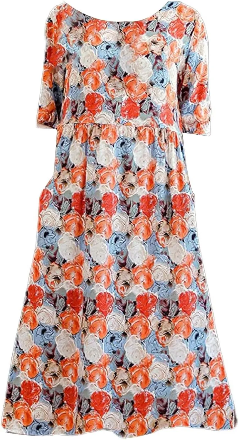 Summer Dresses for Women 2025 Crew Neck Short Sleeve Flowy Dress Loose Beach Casual Sundresses with Pockets