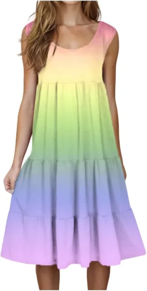 Summer Dresses for Women 2025 Loose Crew Neck Sleeveless Casual Sundresses Loose Holiday Vacation Midi Dress