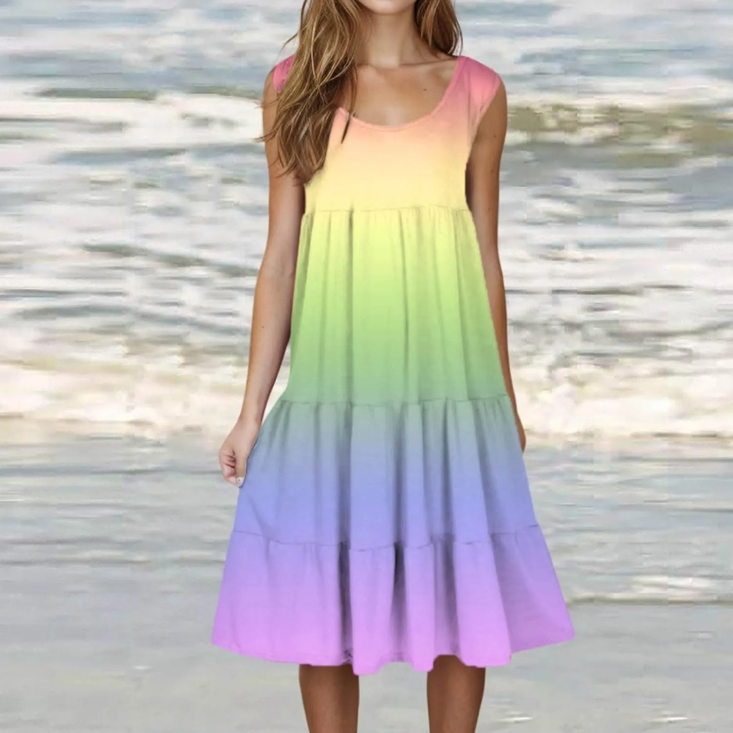 Summer Dresses for Women 2025 Loose Crew Neck Sleeveless Casual Sundresses Loose Holiday Vacation Midi Dress