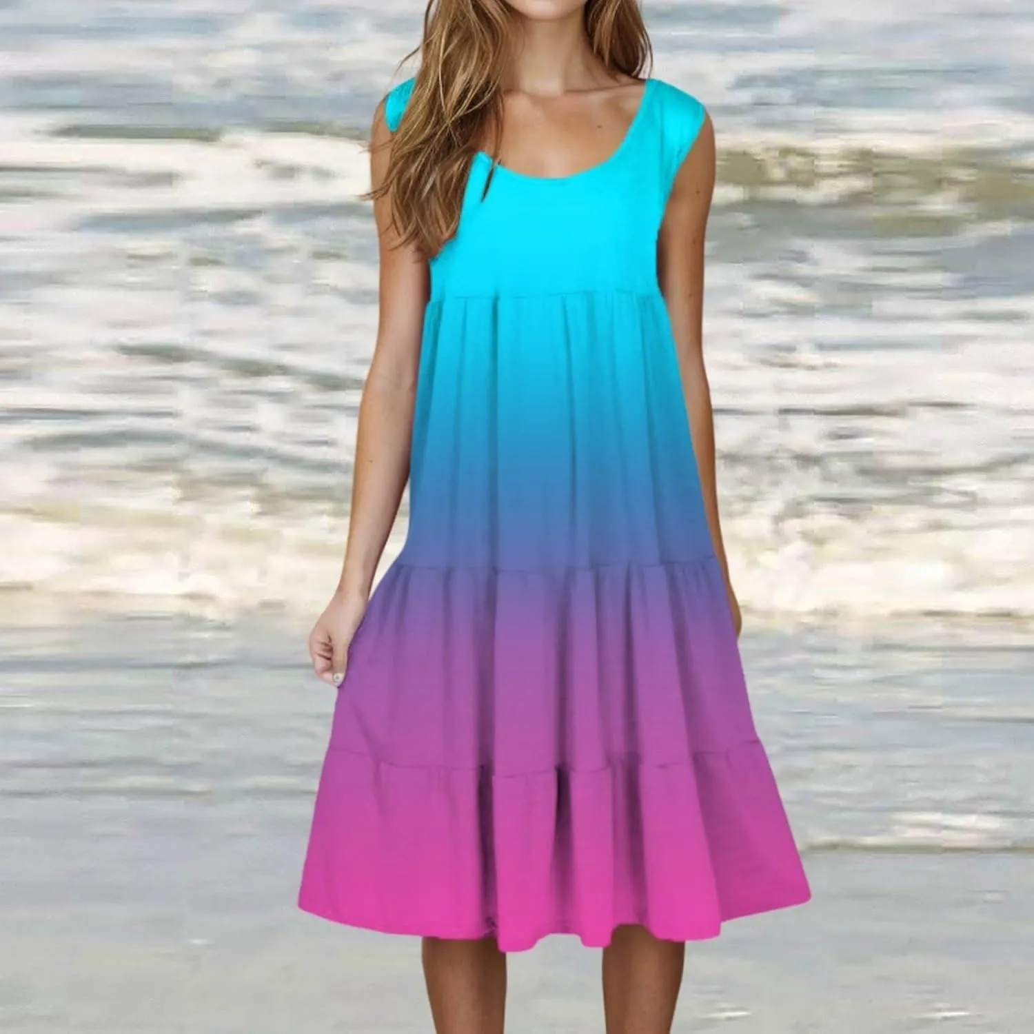 Summer Dresses for Women 2025 Loose Crew Neck Sleeveless Casual Sundresses Loose Holiday Vacation Midi Dress