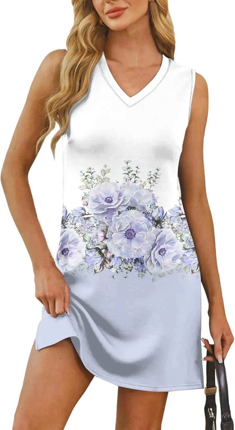 Summer Dresses for Women 2025 Sleeveless Floral Tank Dress Casual Sundresses Loose Beach T Shirt Dresses with Split