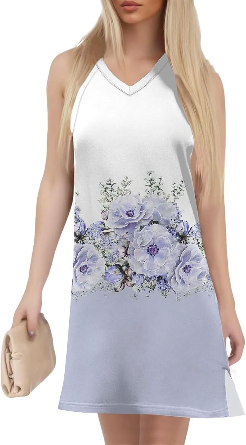 Summer Dresses for Women 2025 Sleeveless Floral Tank Dress Casual Sundresses Loose Beach T Shirt Dresses with Split