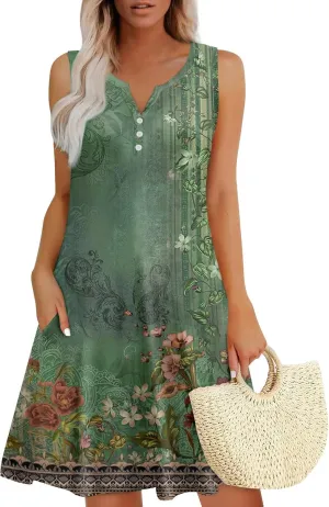 Summer Dresses for Women 2025 Trendy Floral Sleeveless Loose Dress V Neck Flowy Casual Sundresses with Pockets