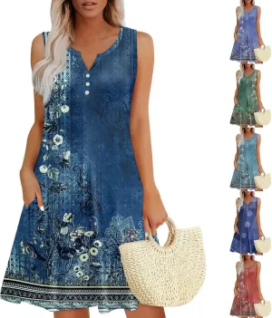Summer Dresses for Women 2025 Trendy Floral Sleeveless Loose Dress V Neck Flowy Casual Sundresses with Pockets