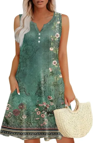 Summer Dresses for Women 2025 Trendy Floral Sleeveless Loose Dress V Neck Flowy Casual Sundresses with Pockets