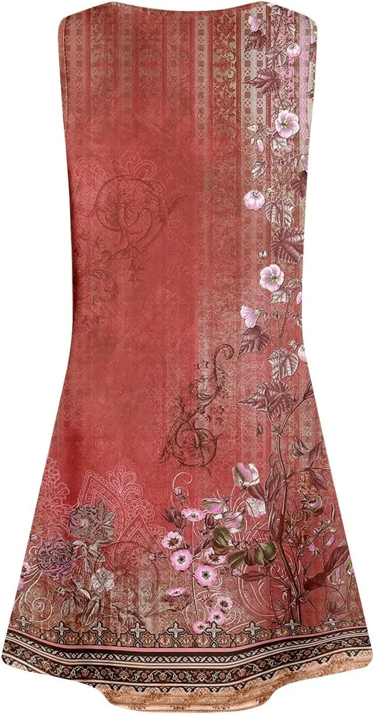 Summer Dresses for Women 2025 Trendy Floral Sleeveless Loose Dress V Neck Flowy Casual Sundresses with Pockets