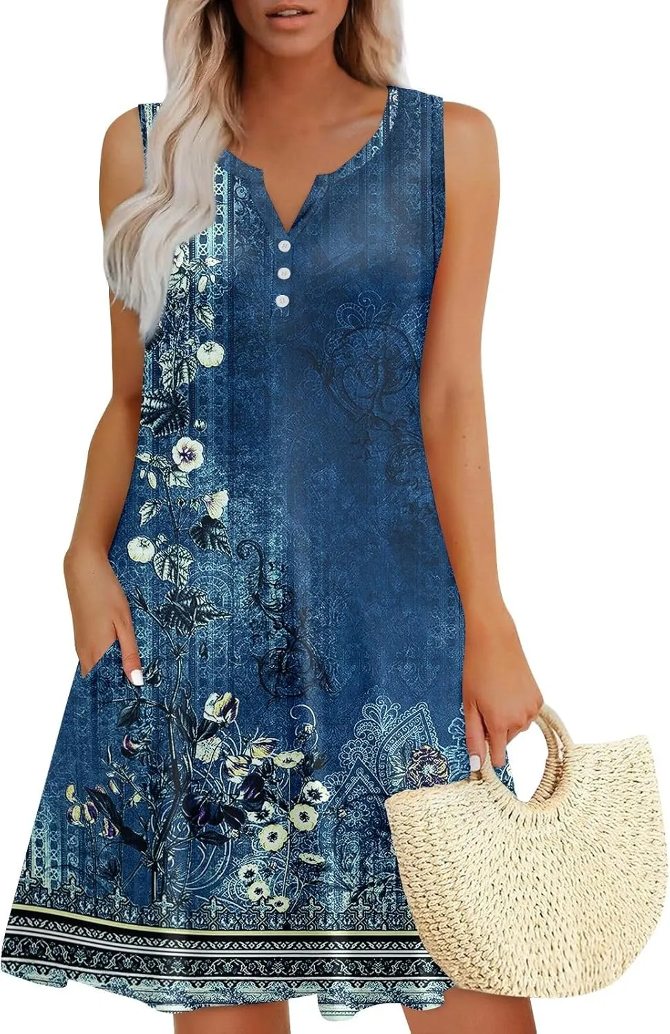 Summer Dresses for Women 2025 Trendy Floral Sleeveless Loose Dress V Neck Flowy Casual Sundresses with Pockets