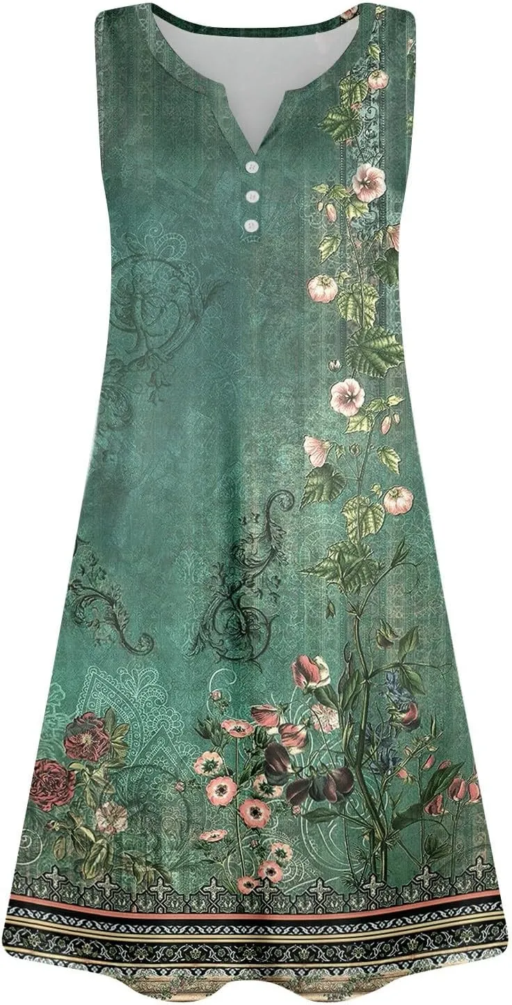 Summer Dresses for Women 2025 Trendy Floral Sleeveless Loose Dress V Neck Flowy Casual Sundresses with Pockets