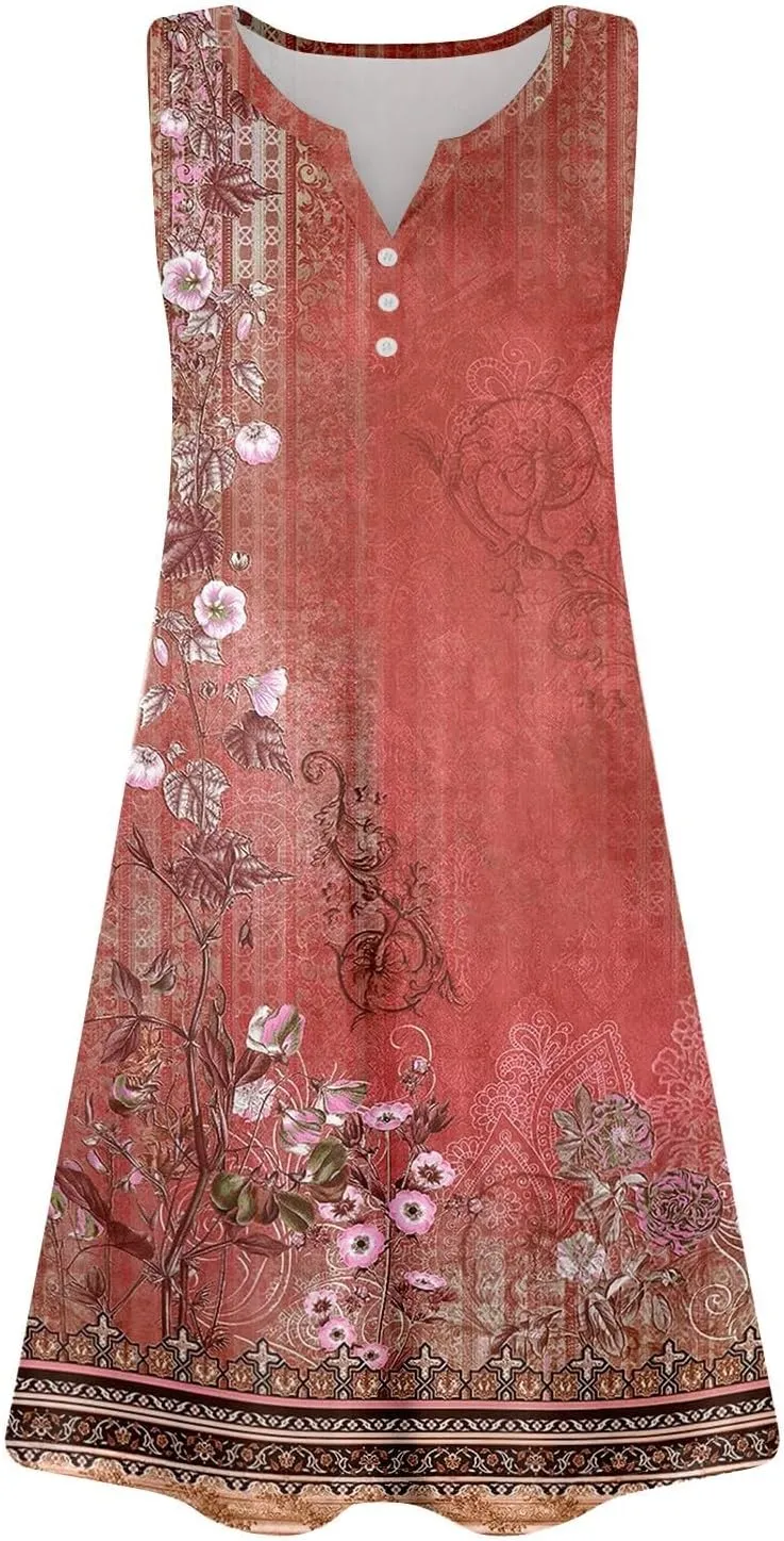 Summer Dresses for Women 2025 Trendy Floral Sleeveless Loose Dress V Neck Flowy Casual Sundresses with Pockets