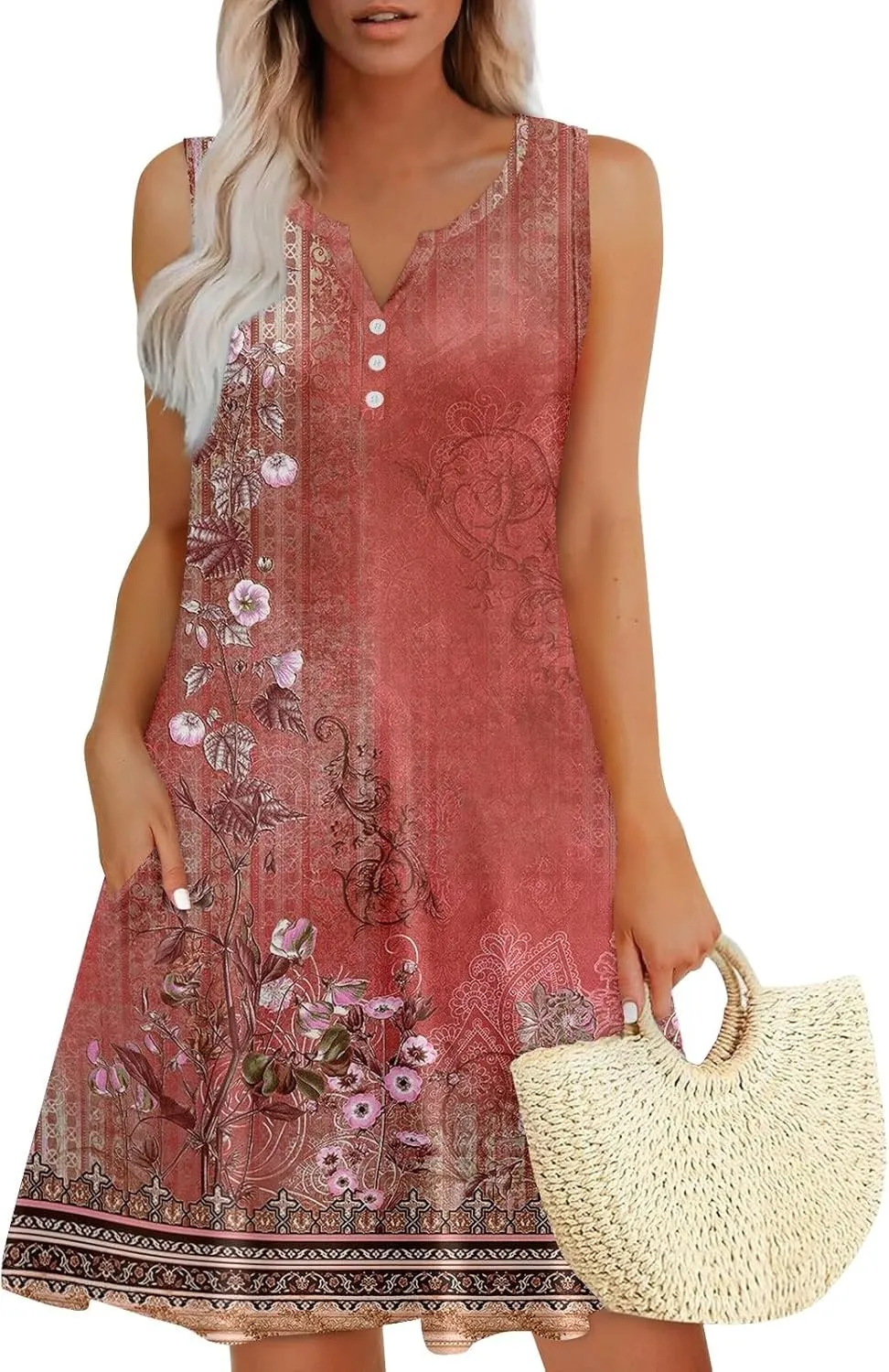 Summer Dresses for Women 2025 Trendy Floral Sleeveless Loose Dress V Neck Flowy Casual Sundresses with Pockets