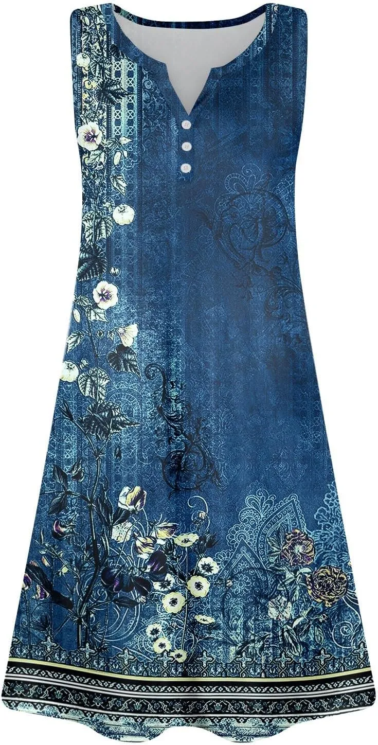 Summer Dresses for Women 2025 Trendy Floral Sleeveless Loose Dress V Neck Flowy Casual Sundresses with Pockets