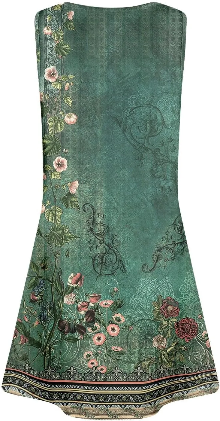 Summer Dresses for Women 2025 Trendy Floral Sleeveless Loose Dress V Neck Flowy Casual Sundresses with Pockets