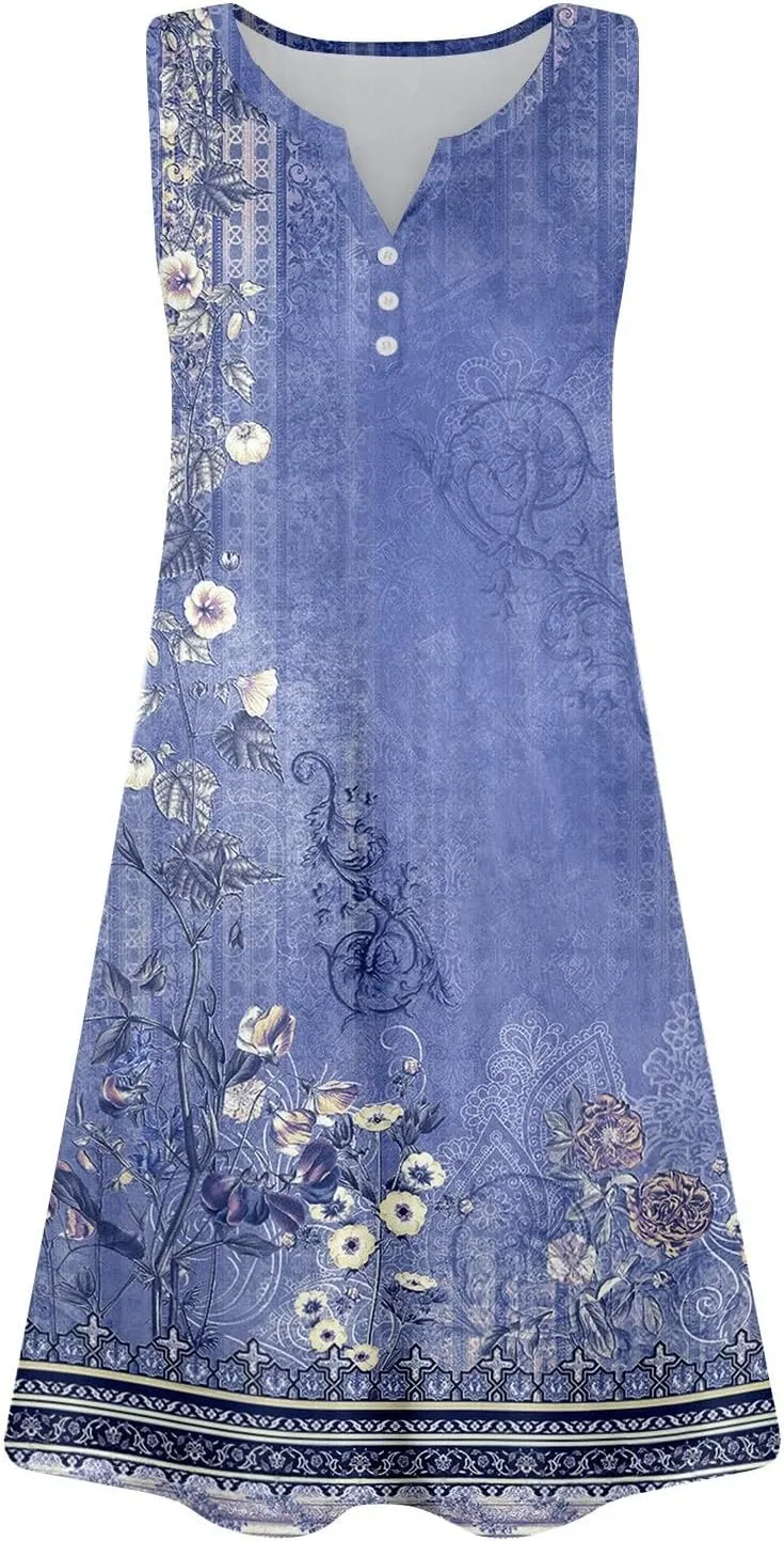 Summer Dresses for Women 2025 Trendy Floral Sleeveless Loose Dress V Neck Flowy Casual Sundresses with Pockets