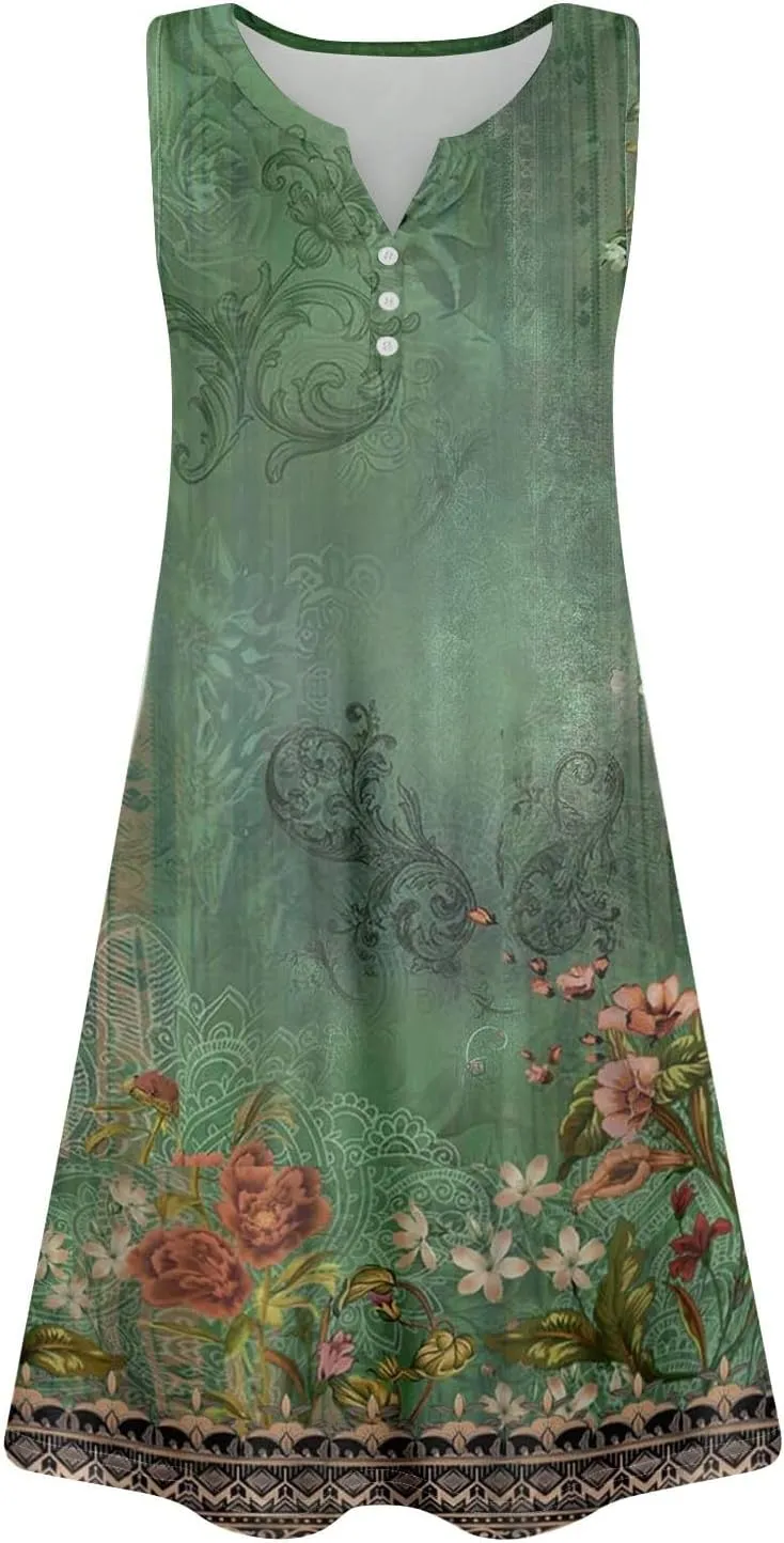 Summer Dresses for Women 2025 Trendy Floral Sleeveless Loose Dress V Neck Flowy Casual Sundresses with Pockets