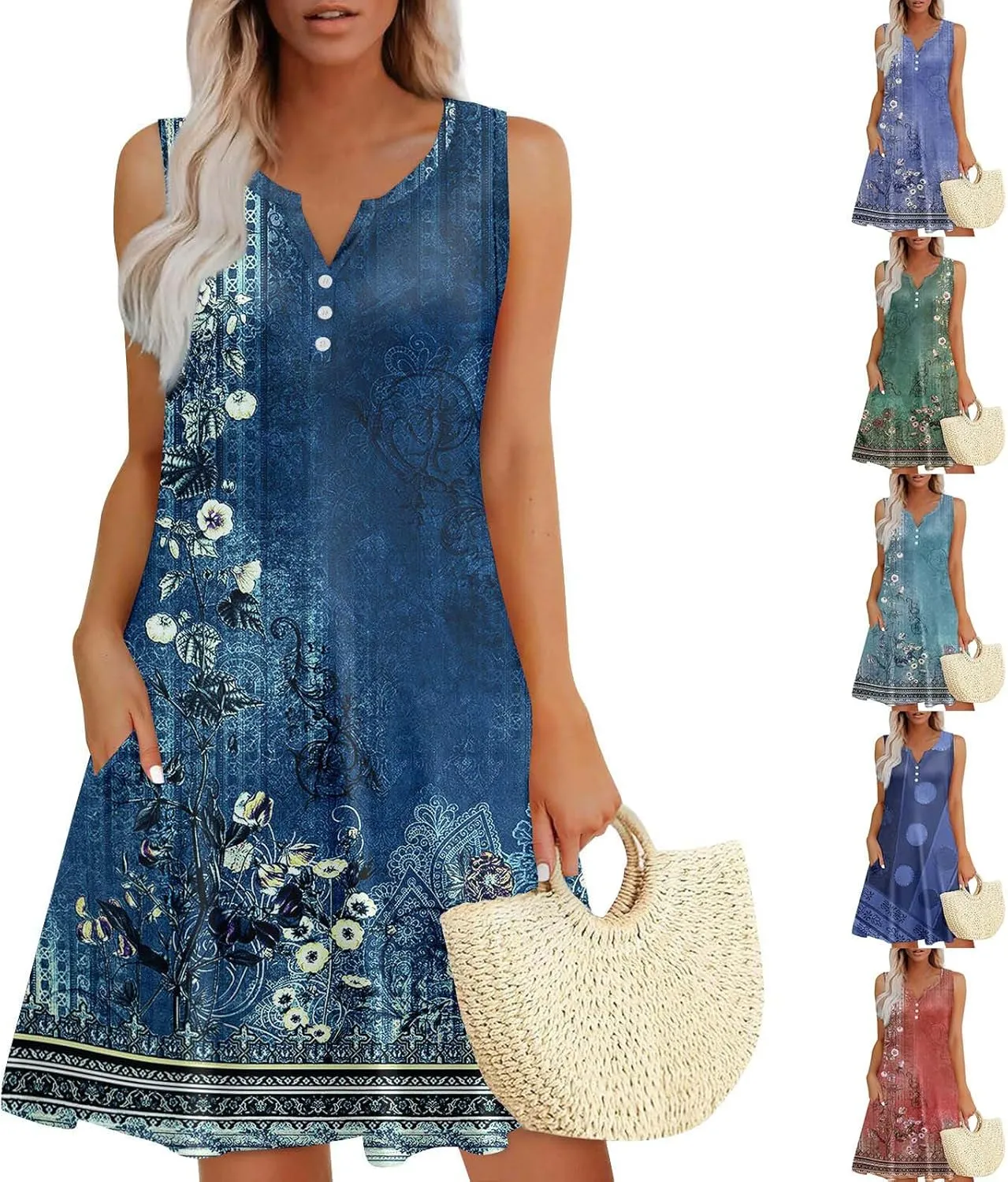 Summer Dresses for Women 2025 Trendy Floral Sleeveless Loose Dress V Neck Flowy Casual Sundresses with Pockets