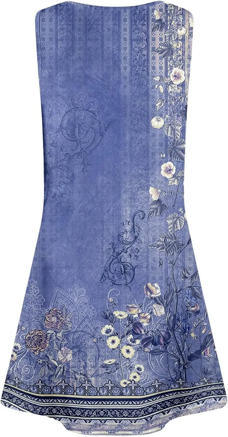 Summer Dresses for Women 2025 Trendy Floral Sleeveless Loose Dress V Neck Flowy Casual Sundresses with Pockets
