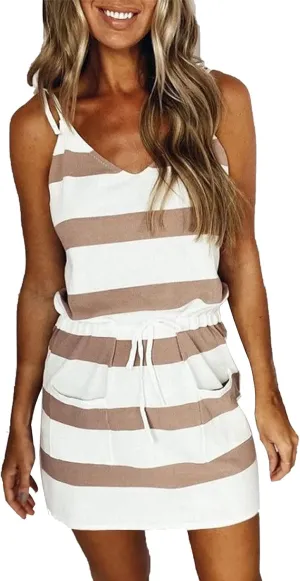 Summer Dresses for Women 2025 Vacation Striped Sleeveless Sling V Neck Drawstring Waisted Casual Sundresses Pockets