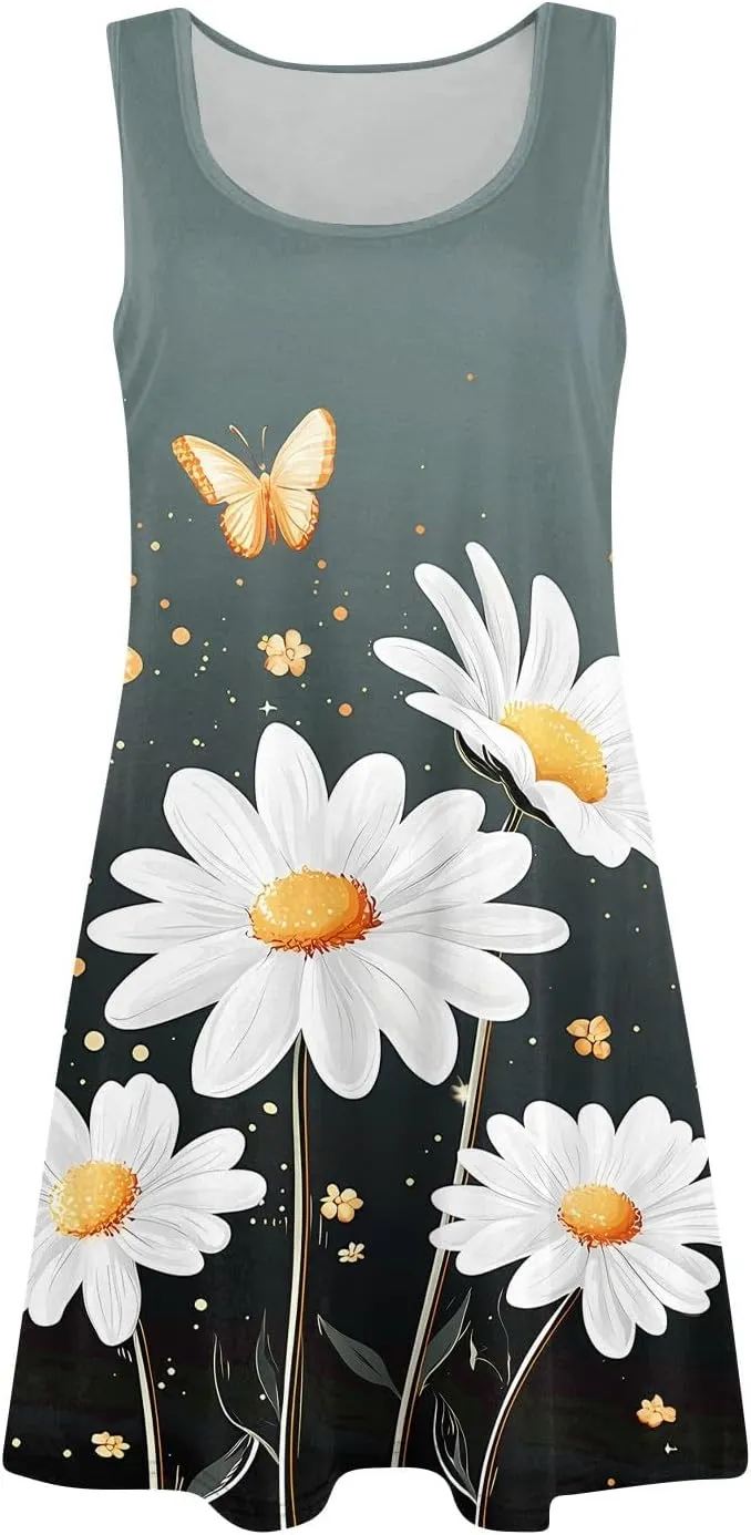 Summer Dresses for Women Casual Sundresses Beach Loose Tshirt Tank Dresses Printed Sleeveless Mini Dress with Pockets
