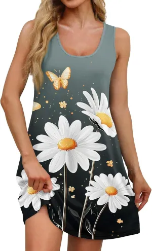 Summer Dresses for Women Casual Sundresses Beach Loose Tshirt Tank Dresses Printed Sleeveless Mini Dress with Pockets