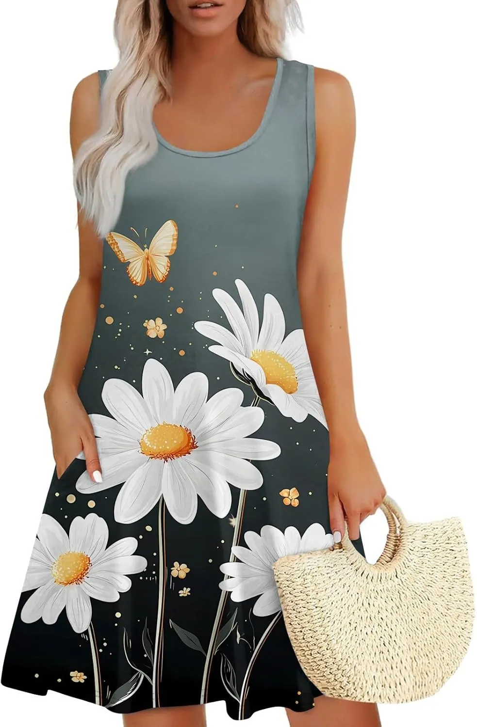 Summer Dresses for Women Casual Sundresses Beach Loose Tshirt Tank Dresses Printed Sleeveless Mini Dress with Pockets