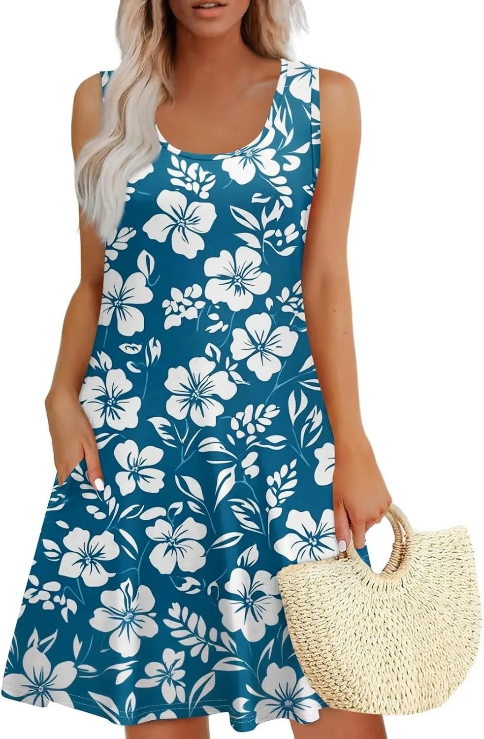 Summer Dresses for Women Casual Sundresses Beach Loose Tshirt Tank Dresses printedSleeveless Mini Dress with Pockets