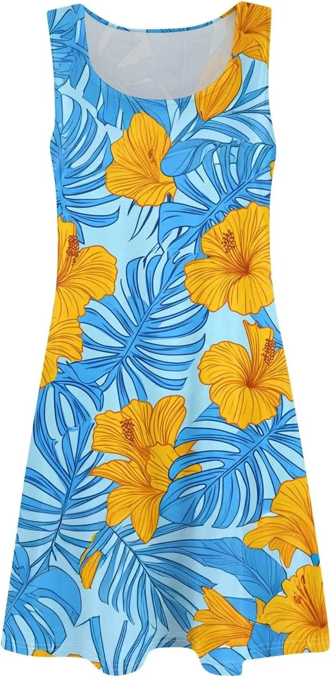 Summer Dresses for Women Casual Sundresses Beach Loose Tshirt Tank Dresses printedSleeveless Mini Dress with Pockets