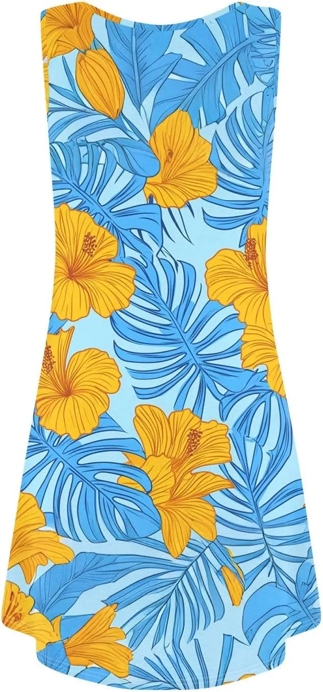 Summer Dresses for Women Casual Sundresses Beach Loose Tshirt Tank Dresses printedSleeveless Mini Dress with Pockets