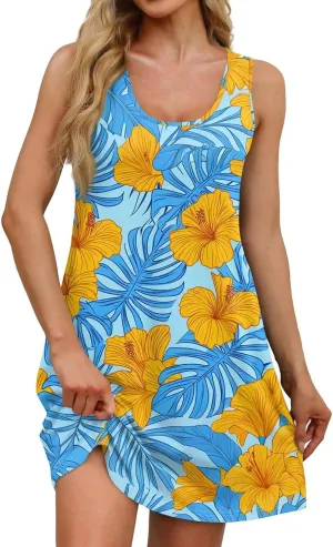 Summer Dresses for Women Casual Sundresses Beach Loose Tshirt Tank Dresses printedSleeveless Mini Dress with Pockets