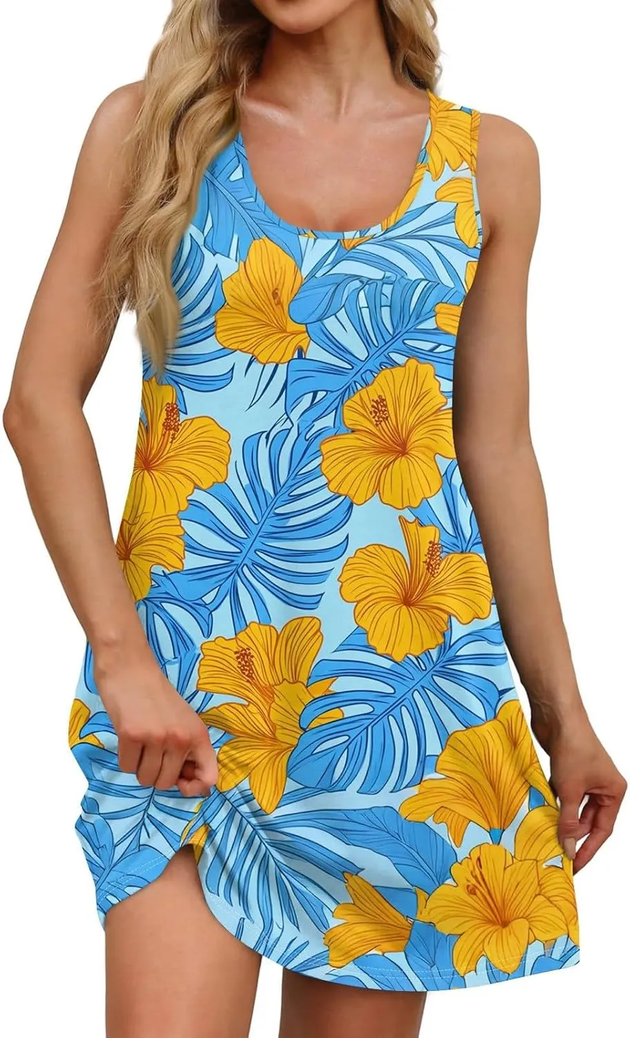 Summer Dresses for Women Casual Sundresses Beach Loose Tshirt Tank Dresses printedSleeveless Mini Dress with Pockets