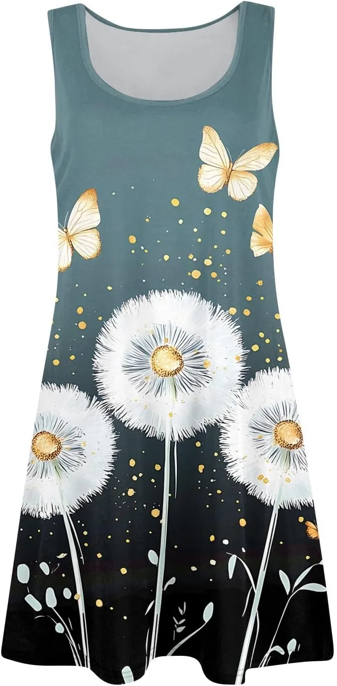 Summer Dresses for Women Casual Sundresses Beach Loose Tshirt Tank Dresses printedSleeveless Mini Dress with Pockets
