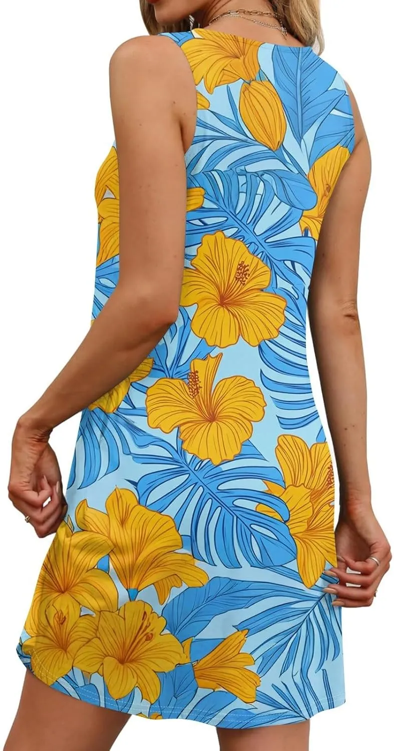 Summer Dresses for Women Casual Sundresses Beach Loose Tshirt Tank Dresses printedSleeveless Mini Dress with Pockets